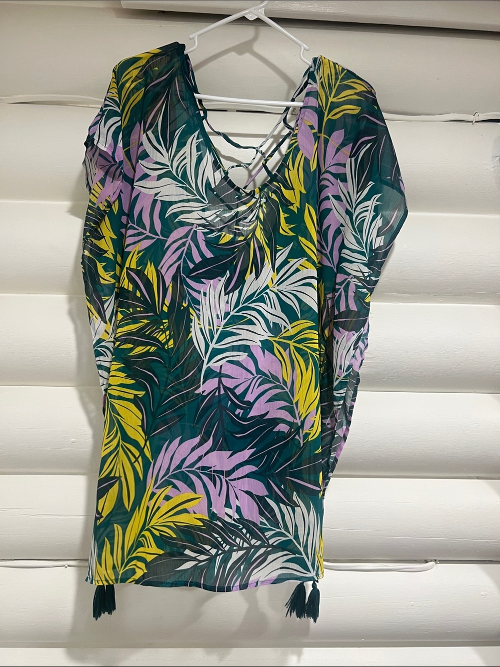 Tropical Leaf V-Neck Swim Coverup in Teal, Yellow & Lilac